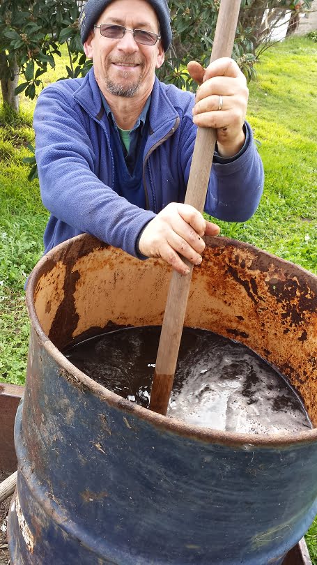 Hugh stirring a lovely inoculant brew to dip fruit trees in before they're planted.