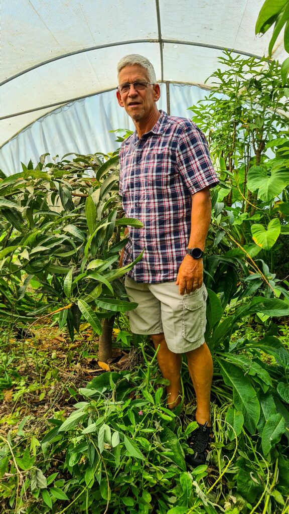 Hugh admiring a dwarf Irwin mango tree