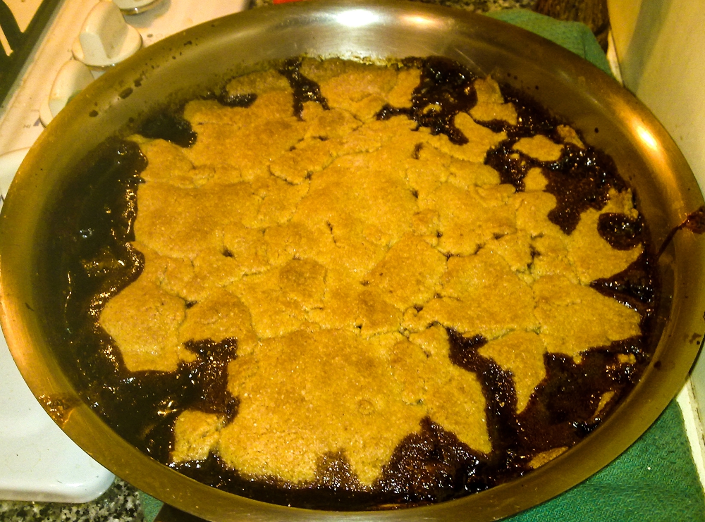 The cooked cherry tarte tatin, about to be upturned onto a plate