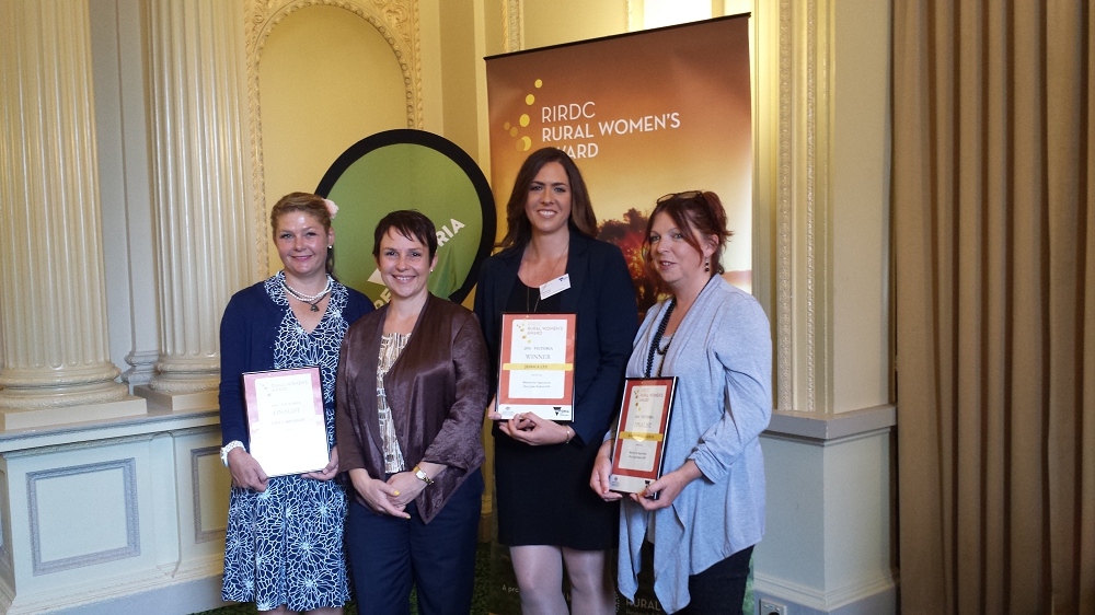 Victorian Minister for Agriculture Jaala Pulford with this year's RIRDC Rural Women's Award winner Dr Jess Lye (middle right) and finalists Emily McVeigh (left) and Karen Williamson (right)