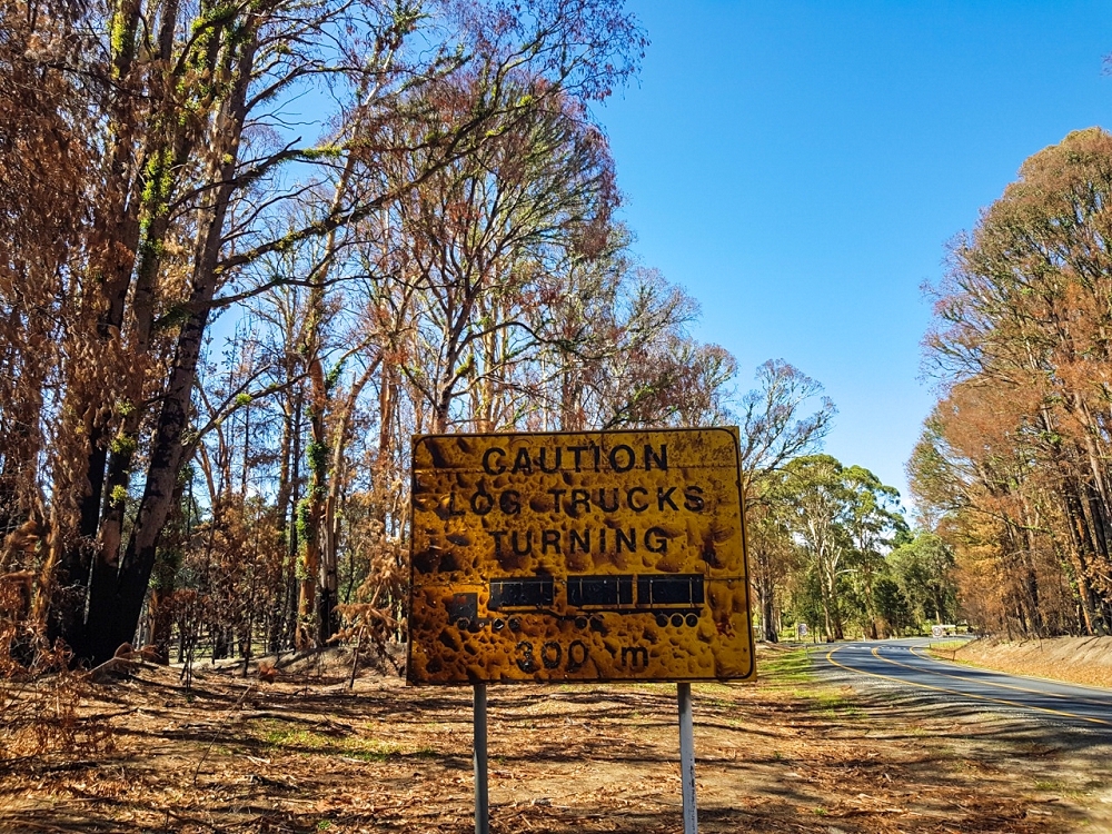 A charred road sign